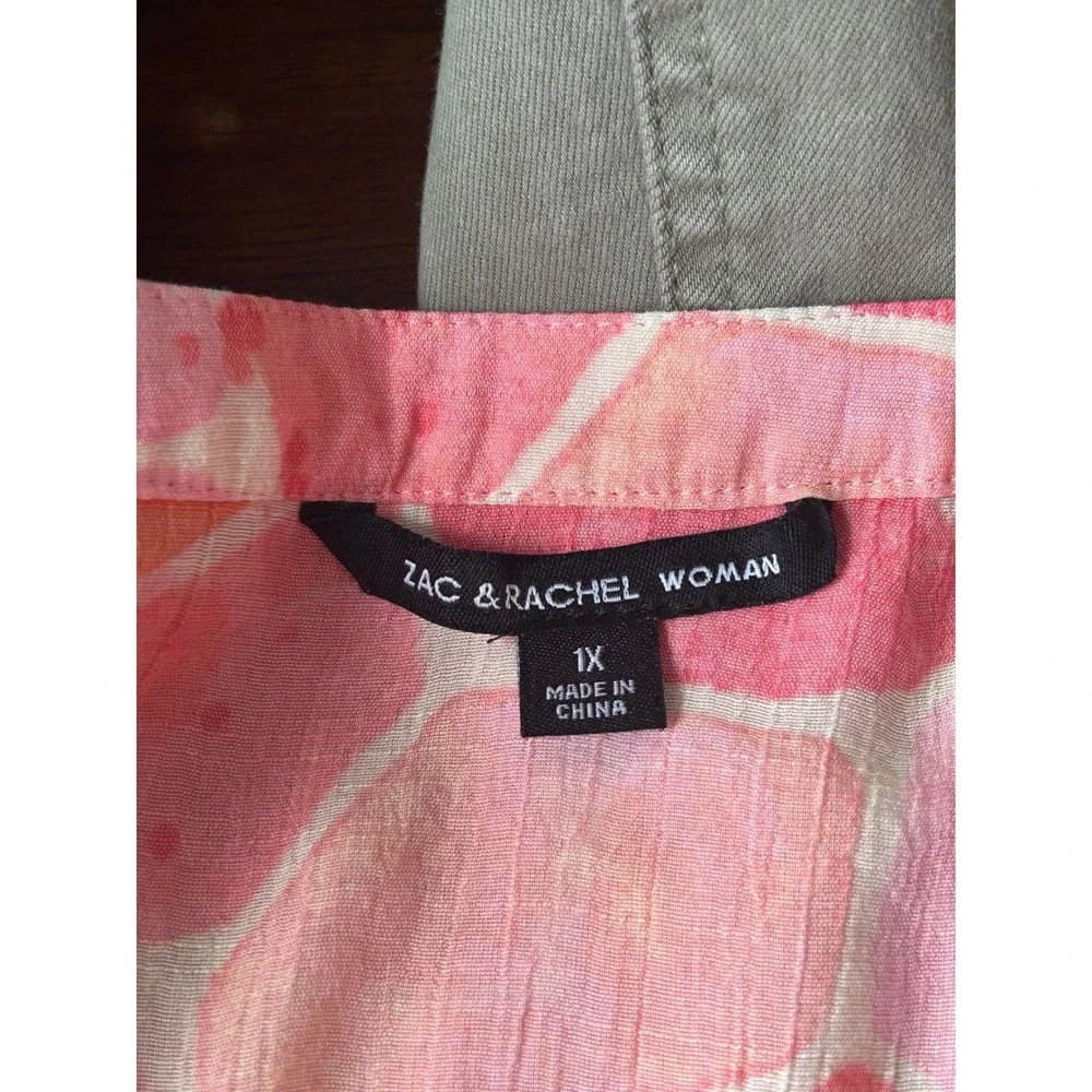 Zac & Rachel Woman Pink Orange Pebble Print Roll Tab Button Down Blouse 1X